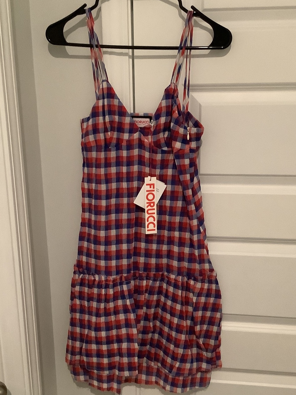 Fiorucci Red, White and Blue Gingham Balconette Mini Dress, Brand New